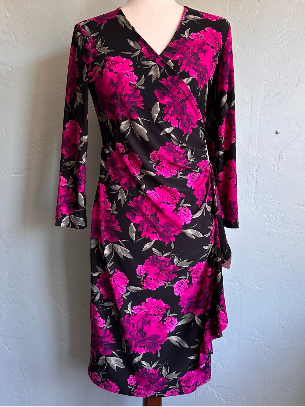 NWT Anne Klein Black Faux Wrap Sheath Dress Fuchsia Floral Women's Size 4